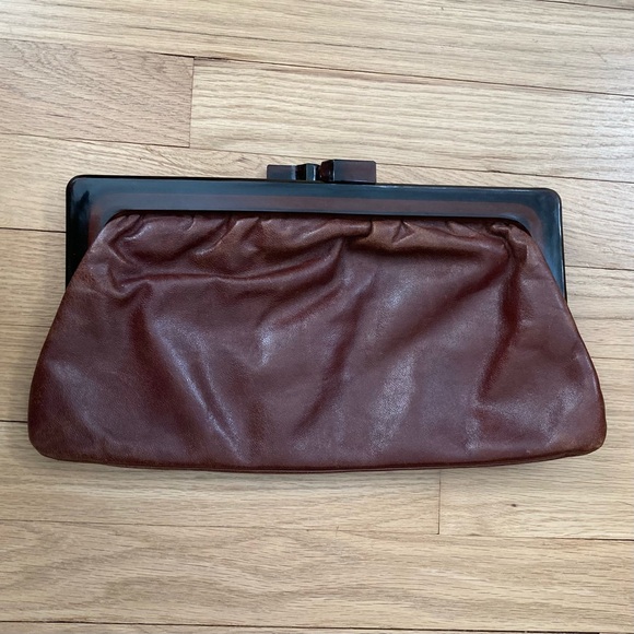 Vintage early 70s Leather Tortoise Shell framed clutch. Brown. Made in Italy - Picture 2 of 12